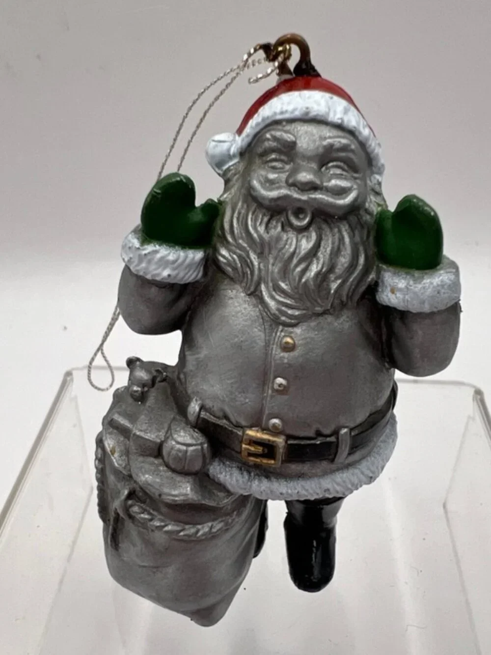 Vtg Miniature Silver Santa with Sack Christmas Ornament 2.5”